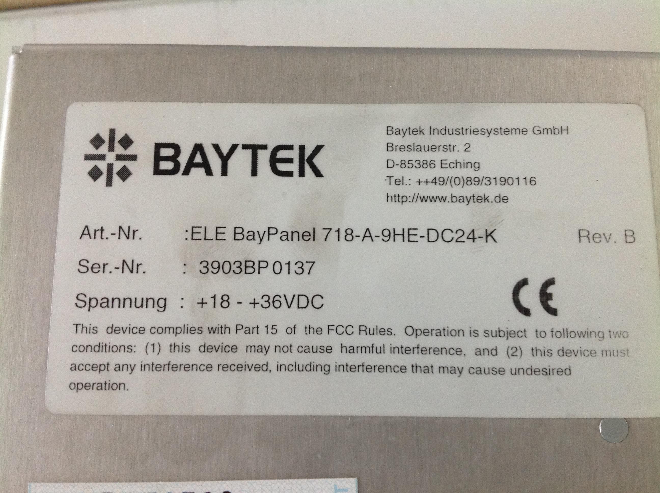 FlachbildschirmMonitor Baytek ELE BayPanel 718-A-9HE-DC24-K
