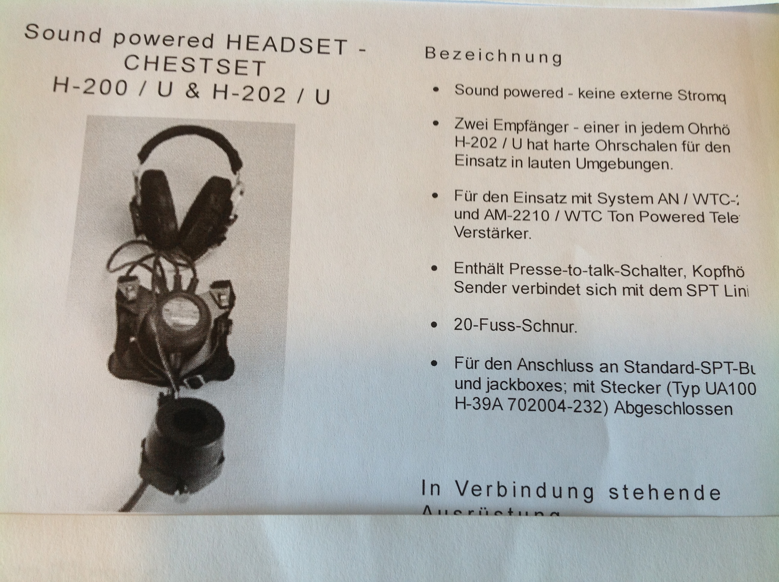 Kopfhörer-Headset-Chestset Sound Powered Typ H-202/U