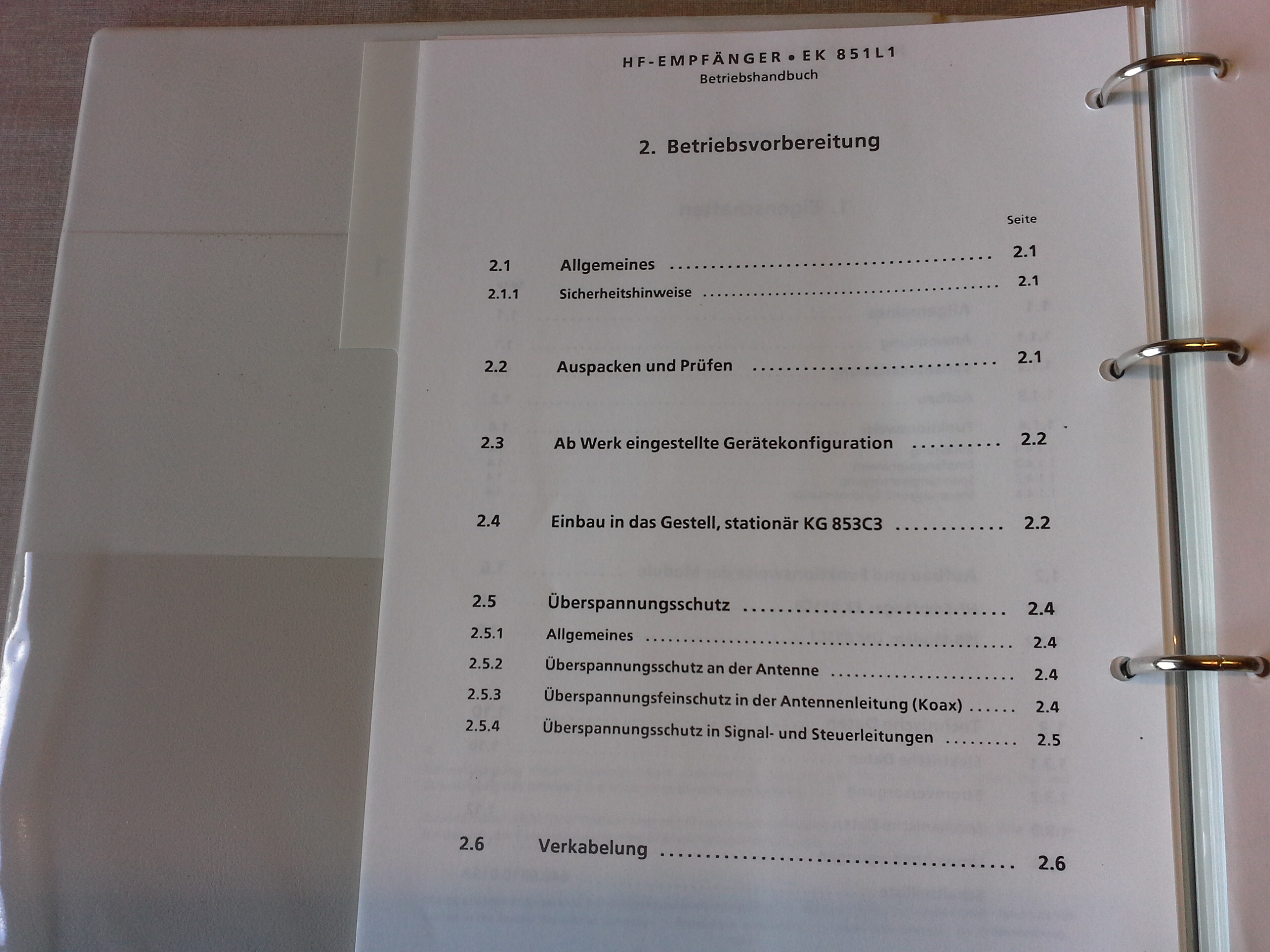 Betriebshandbuch, Rohde & Schwarz, HF-Empfänger EK 851 L1