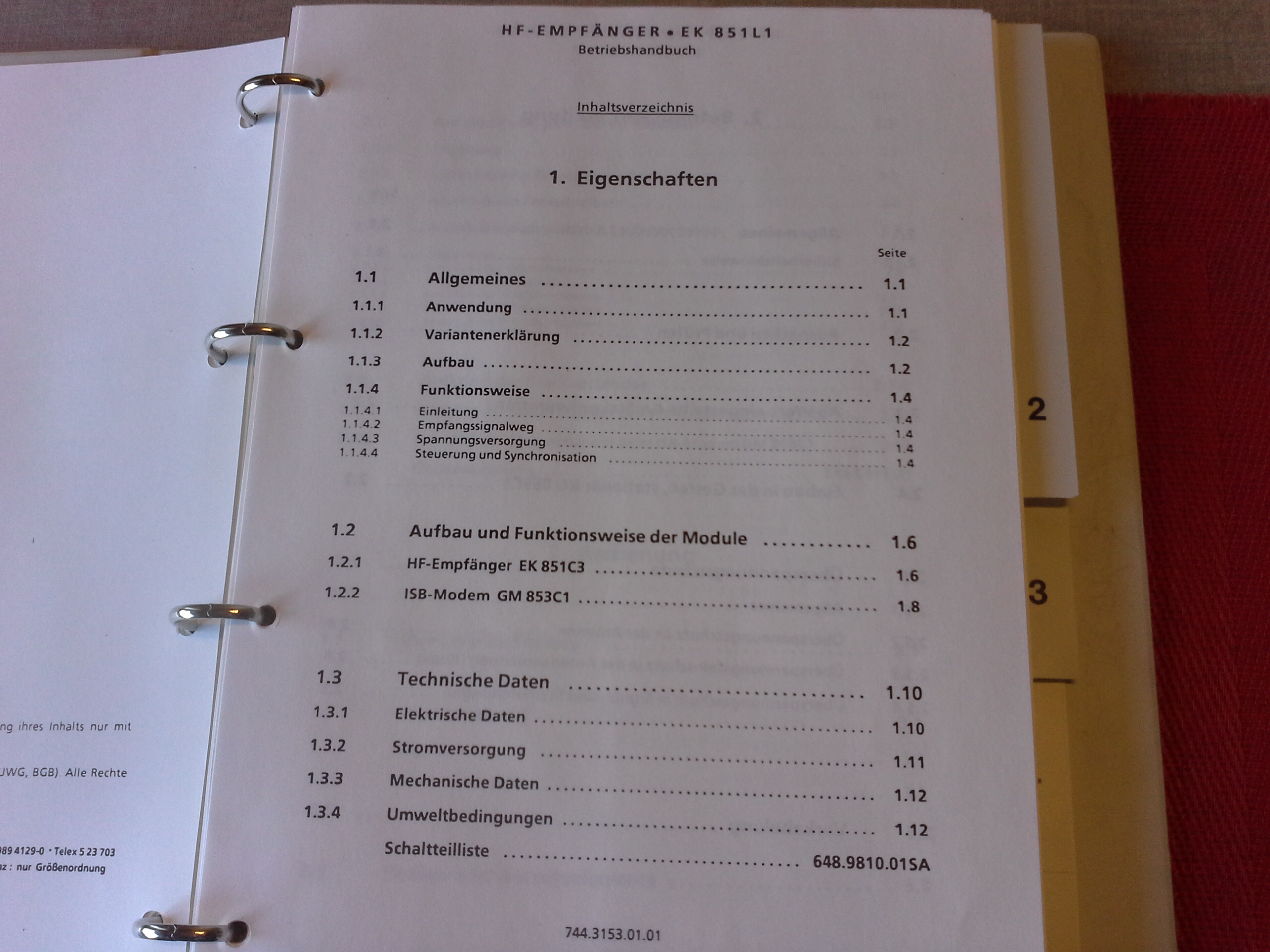 Betriebshandbuch, Rohde & Schwarz, HF-Empfänger EK 851 L1