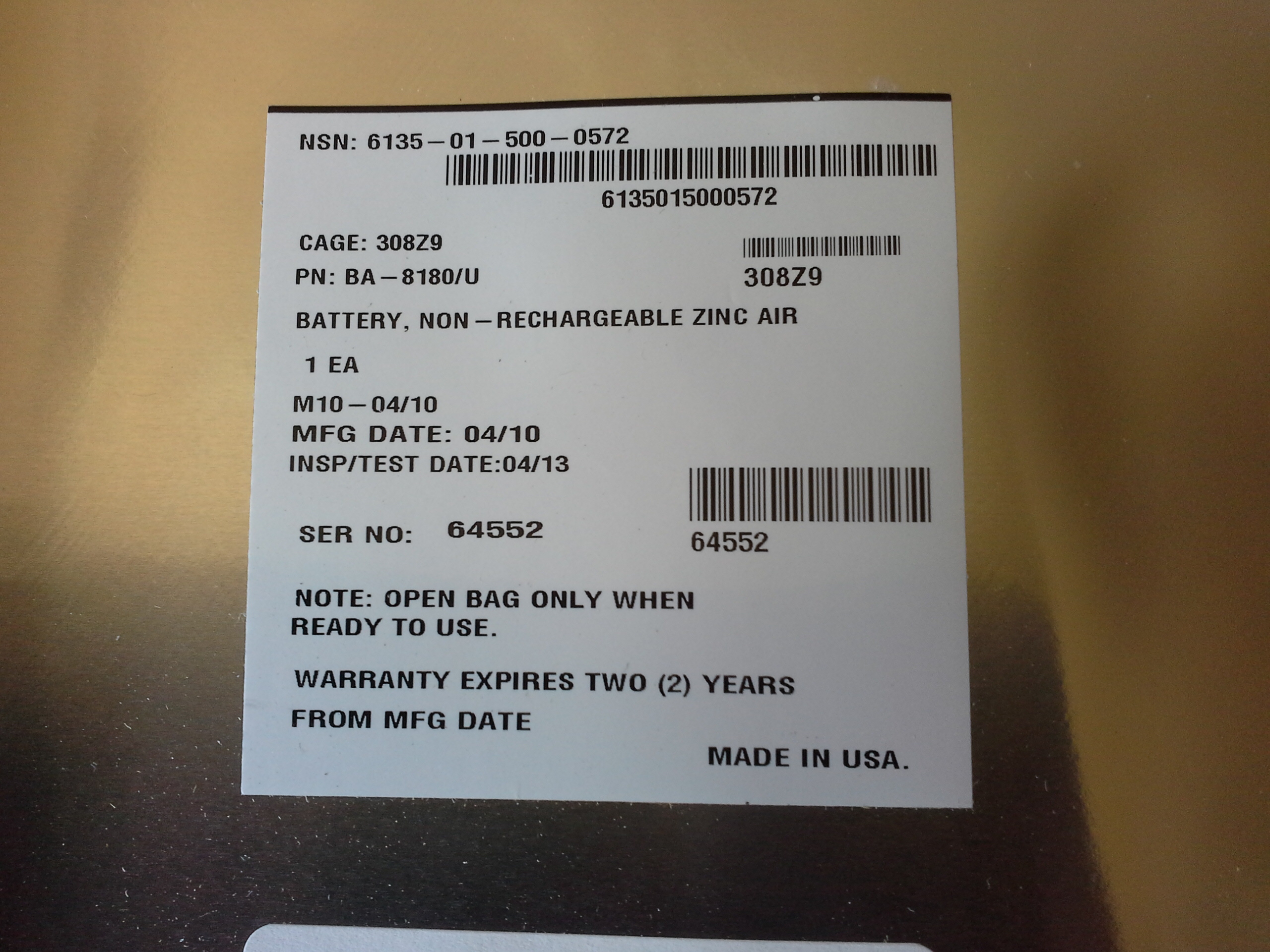 Zink-Luft-Batterie BA-8180/U nicht wiederaufladbar Zink-Luft-Batterie BA-8180/U nicht wiederaufladbar