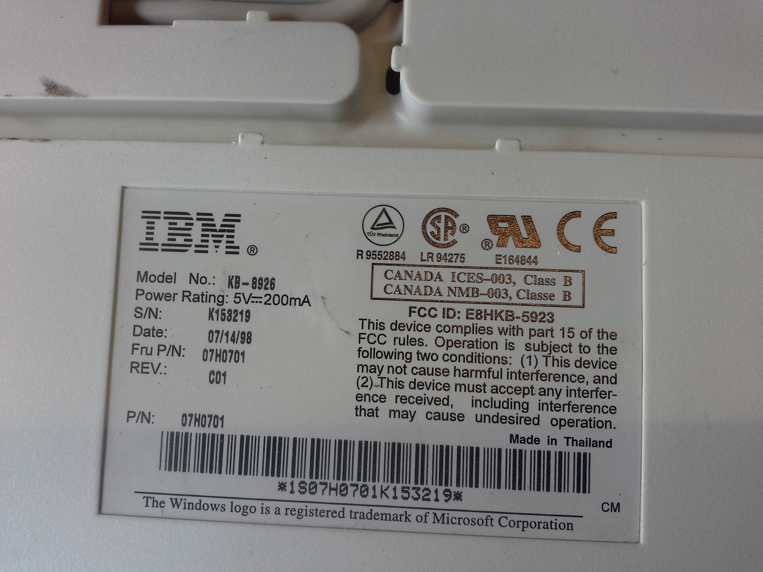 Tastatur, IBM, Mod. KB-8926 ohne Anschluss-Stecker